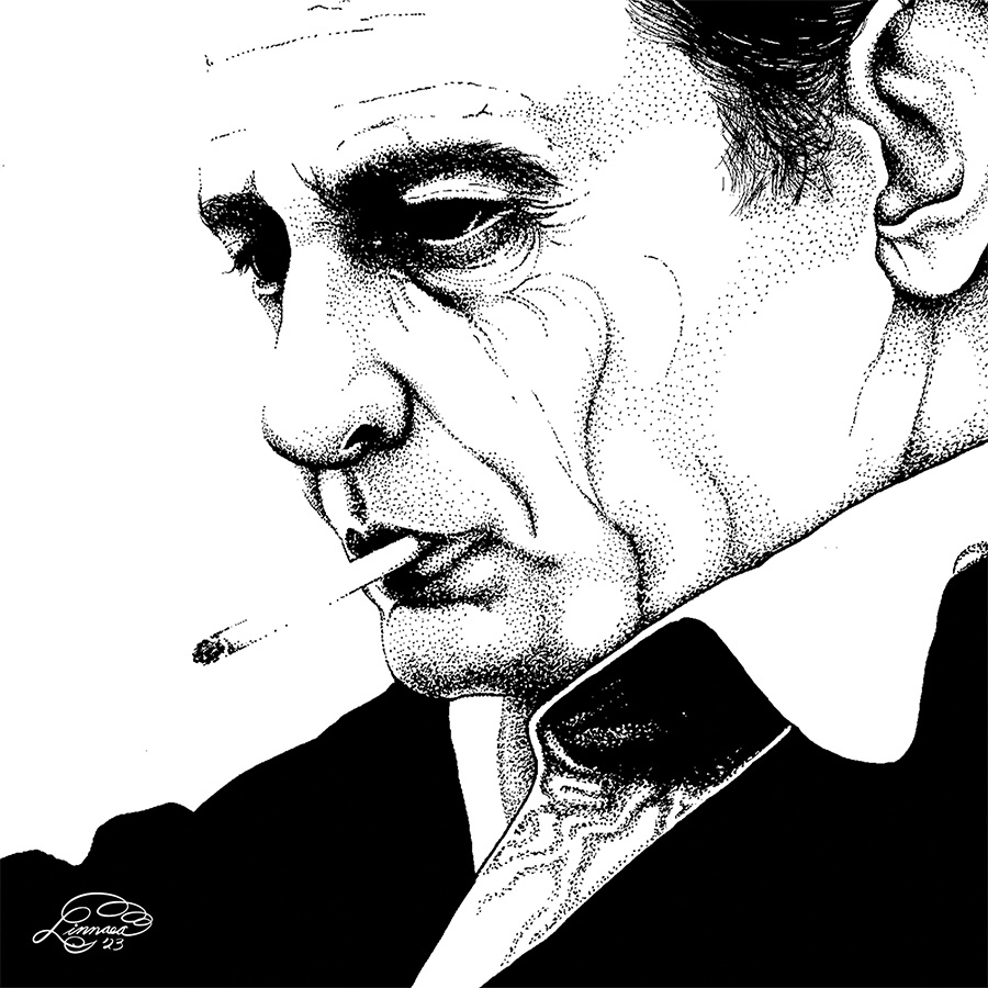 A black and white illustration of Johnny Cash, in profile view, smoking a cigarette.