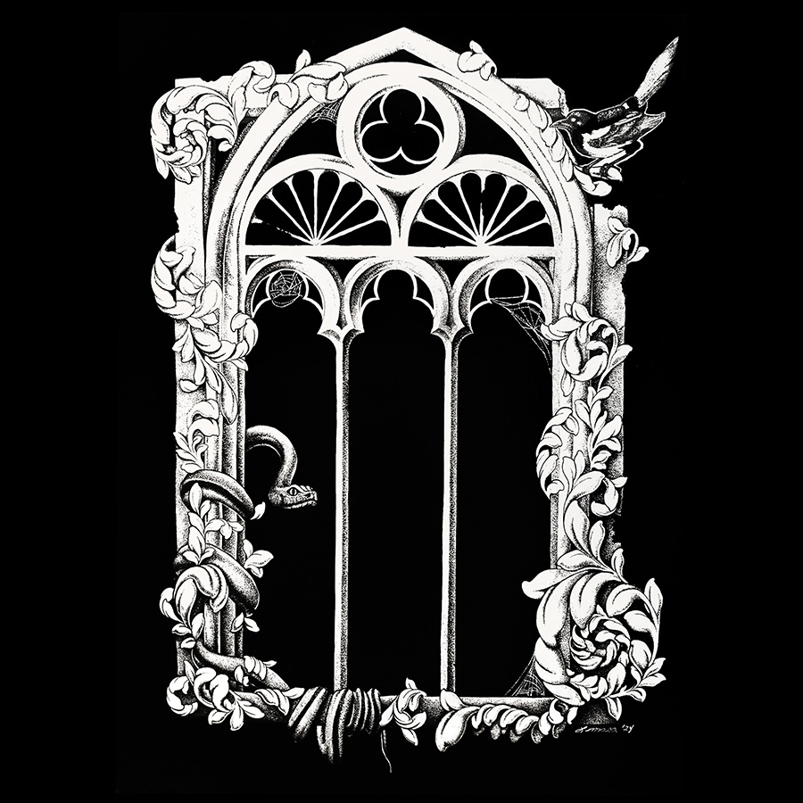 A black and white illustration of an ornate cathedral window.
