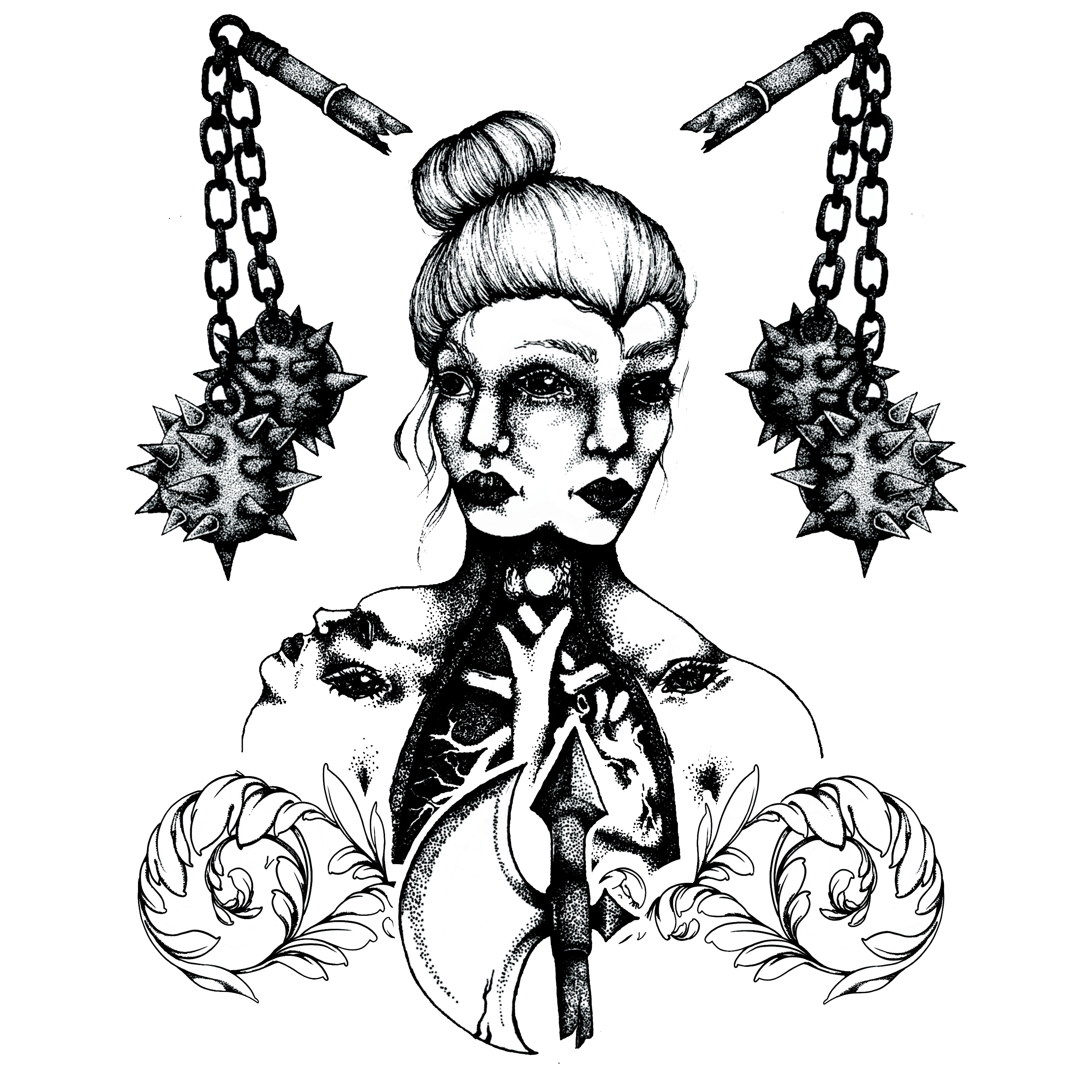 A photorealistic, black and white illustration of an apple.