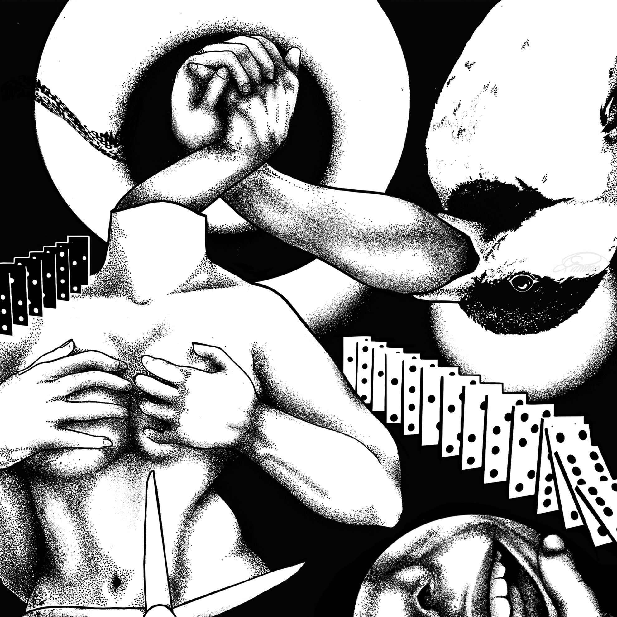 A photorealistic, black and white illustration of an apple.