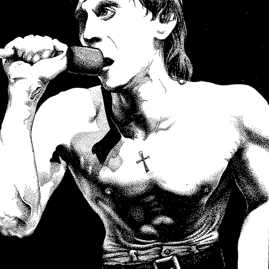 A black and white illustration of Iggy Pop, the late punk rocker and artist, shirtless and singing into a microphone.