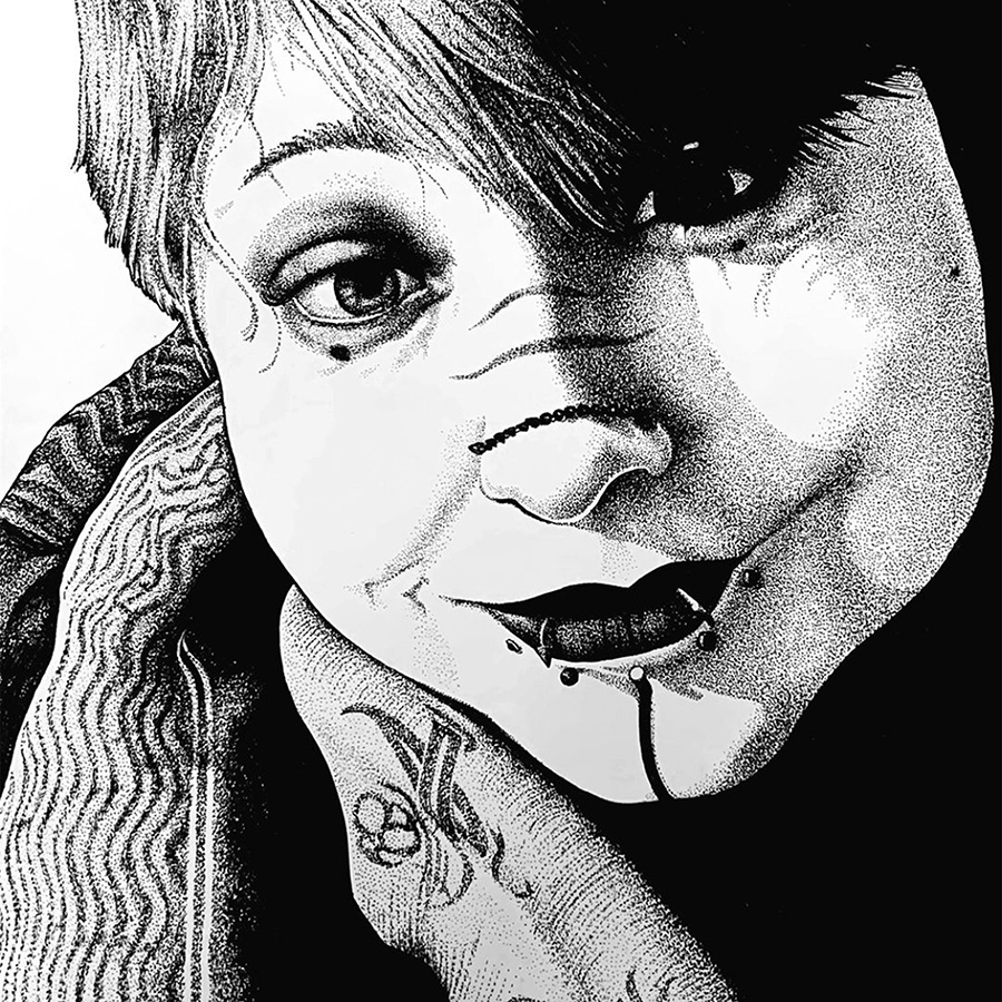 A black and white, photorealistic illustration of of a young woman. She has facial piercings, a a side bang, and heavy eyeliner.