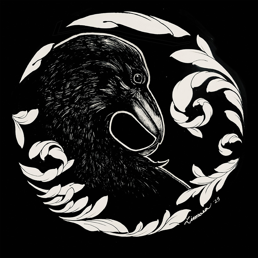 A black and white illustration of a raven surrounded by ornamental flourishes.