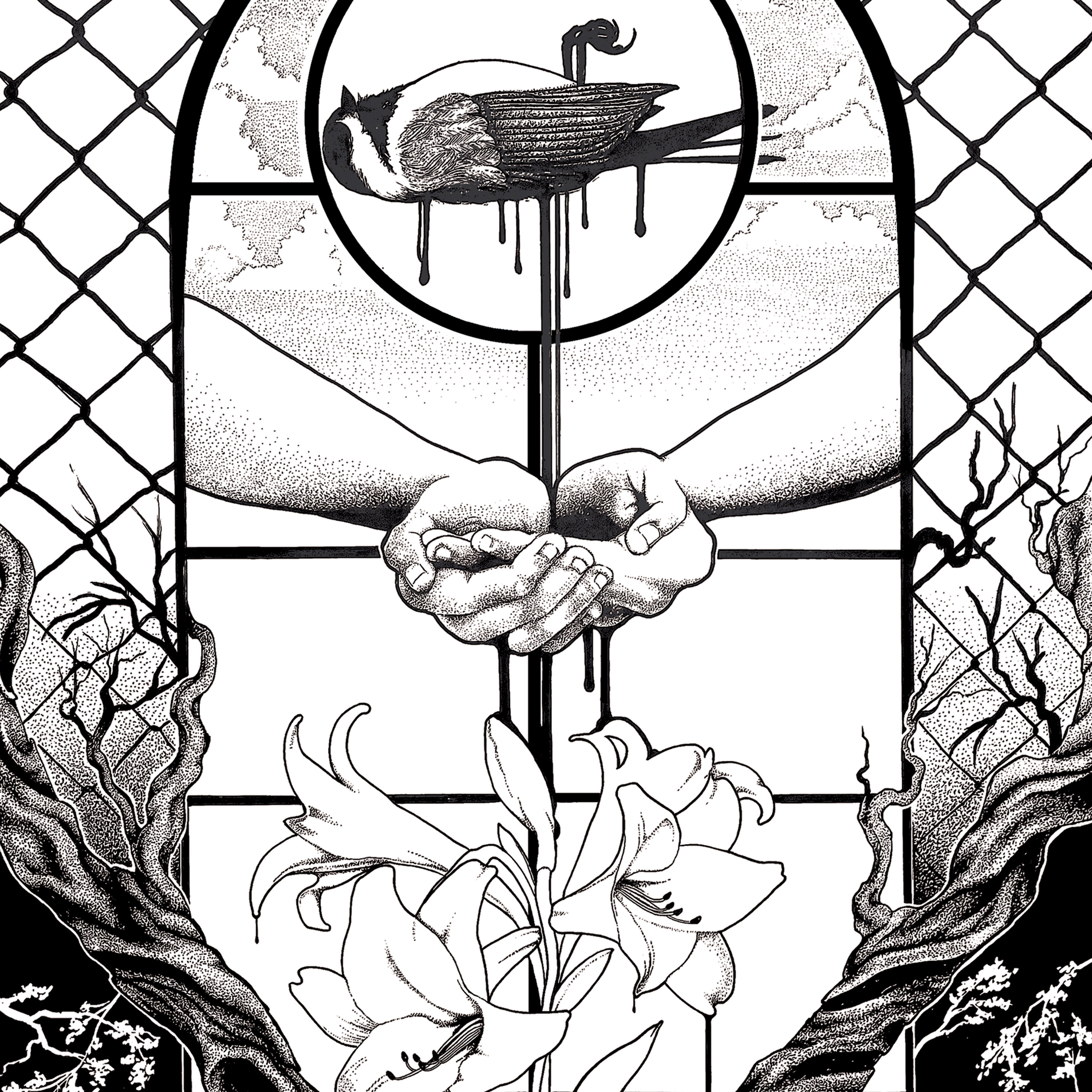 A black and white illustration of Iggy Pop, the late punk rocker and artist, shirtless and singing into a microphone.